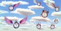 Time flies: Clocks and watches flying in a bright blue sky with fluffy clouds