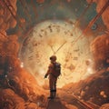 Time flow and space surreal concept. Man in spacesuit standing on fantasy orange clouds before big clock Royalty Free Stock Photo