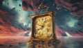 Time flows backward as a clock melts into a Salvador DalÃÂ­-esque painting, storm night, 3d