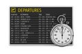 In Time Fly Concept. Airport Departures Table Board with Stopwatch. 3d Rendering Royalty Free Stock Photo