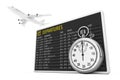 In Time Fly Concept. White Jet Passengers Airplane over Airport Departures Table Board with Stopwatch. 3d Rendering Royalty Free Stock Photo