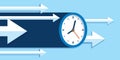 Time forward. Fast decision. 3D clock icon, right arrow, timer on a blue background. Time management. Lots of pointers. Business v