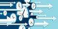 Time forward. Fast decision. 3d Clock icons in flat style, right arrows, timers on blue background. Time management. More watch an Royalty Free Stock Photo