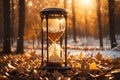 time going by in beautiful hourglass on autumn leaves. ai generative