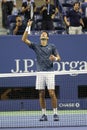 13-time Grand Slam champion Novak Djokovic of Serbia celebrates victory after his 2018 US Open semi-final match Royalty Free Stock Photo