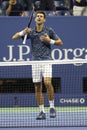 13-time Grand Slam champion Novak Djokovic of Serbia celebrates victory after his 2018 US Open semi-final match Royalty Free Stock Photo