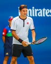 20-time Grand Slam champion Roger Federer of Switzerland in action during the 2019 US Open round of 16 match Royalty Free Stock Photo