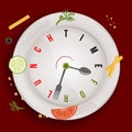 Time for healthy vegan lunch, conceptual vector watch with stylized clock hands like spoon and fork and vegetables on Royalty Free Stock Photo