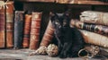Time-honored books guarded by a black kitten. Serene library setting with a touch of feline charm. Concept of Royalty Free Stock Photo