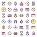 Time icons. Alarm clock, hourglass timer and deadline watch. Colorful 24 hours clocks flat icon isolated vector set Royalty Free Stock Photo