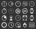 Time icons and clock line icons isolated on dark background. For mobile devices and the Internet. Royalty Free Stock Photo