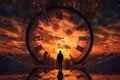 Time. An irreversible current flowing in only one direction, from past, through present to the future. Hourglass