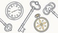 Time, Keys Navigation Pattern, Classic Clock, Skeleton Keys, Compass Vector Design Generative AI Royalty Free Stock Photo