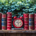 Time and knowledge Red clocks and books symbolizing intellectuality