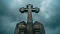 Time lapse of catholic stone cross displayed against dynamic gray clouds in motion