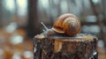 Time lapse footage of a snail slowly crawling on a tree stump in a lush forest setting