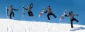 Time-lapse funny snowboarding jump sequence. Crazy freeride snowboarder make fun