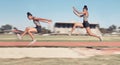 Time lapse, long jump and woman running, jumping and cross in sand pit for fitness, training and exercise. Sequence Royalty Free Stock Photo