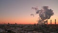 Time lapse panoramic shot of Moscow city at colourfully red sunset. The worldwide concept of pollution of megalopolises