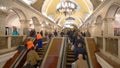 Time lapse of people on the escalator in Moscow metro KOMSOMOLSKAYA station beautiful interior decoration, Russia