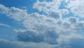 Rays of sun through clouds. Blue sky with cloudscape backlit bright sunlight through summer. Time lapse. Royalty Free Stock Photo