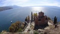 Time lapse of Sv Jovan Kaneo church in Ohrid with lake in background, Macedonia