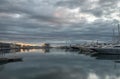 time lapse Twilight in the port of Valencia ships skyline reflected Royalty Free Stock Photo