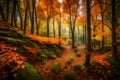 A time-lapse view of a deciduous forest transitioning through all four seasons, from the fresh green of spring to the fiery hues