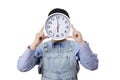 Time and daily life concept, Happy Asian little girl hand holding a big clock hide her face in the white background, Copy space, s Royalty Free Stock Photo