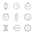 Time line icon set. Timer, stopwatch, alarm thin label. Clock stroke symbol. Calendar date. Watch outline pictogram