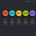 Time line info graphic with round colored pointers on dark background Royalty Free Stock Photo