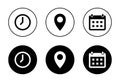 Time, location, and calendar icon vector in black circle. Clock, marker, schedule sign symbol Royalty Free Stock Photo