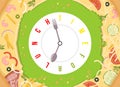 Time for lunch. Assorted pizza with conceptual vector watch with stylized clock hands like spoon and fork.