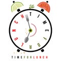 Time for lunch, healthy food on breakfast alarm at 7 am. Conceptual vector alarm clock with stylized clock hands like