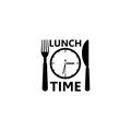 Time for lunch symbol, logo, Clock with fork spoon and knife Royalty Free Stock Photo