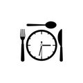 Time for lunch symbol, logo, Clock with fork spoon and knife Royalty Free Stock Photo