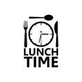 Time for lunch symbol, logo, Clock with fork spoon and knife Royalty Free Stock Photo