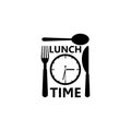 Time for lunch symbol, logo, Clock with fork spoon and knife Royalty Free Stock Photo