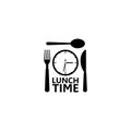 Time for lunch symbol, logo, Clock with fork spoon and knife Royalty Free Stock Photo