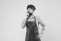 Time for lunch. thinking bearded chef. male cook in hat and apron. professional man cooking. restaurant cuisine and Royalty Free Stock Photo