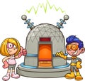 Cartoon girl and boy wearing retro futuristic clothes showing a time machine
