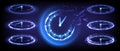 Time machine, timer and deadline. Sci-fi digital high-tech collection in glowing HUD elements clock. Hologram portal of science