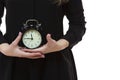 Time Manageent Ideas. Closeup of Female Hands With Clock. Posing Against White Royalty Free Stock Photo