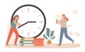 Time management with business deadline clock concept. Woman holding dial arrows trying to stop time. Female employee