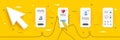 Time management, Business hierarchy and Deflation line icons pack. For web app. Phone screen mockup. Vector