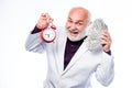 Time management. business success. retirement. time and age. Timekeeping. mature bearded man with alarm clock. mature Royalty Free Stock Photo