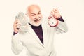 Time management. business success. retirement. time and age. Timekeeping. mature bearded man with alarm clock. mature Royalty Free Stock Photo