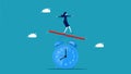 Time management. Businesswoman balance on time. vector illustration