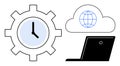 Gear Clock, Cloud with Globe, and Laptop Technology and Cloud Computing Concepts Royalty Free Stock Photo