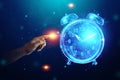 Time management concept, alarm clock hologram image. Business, clockwork, the passage of time. Copy space Royalty Free Stock Photo